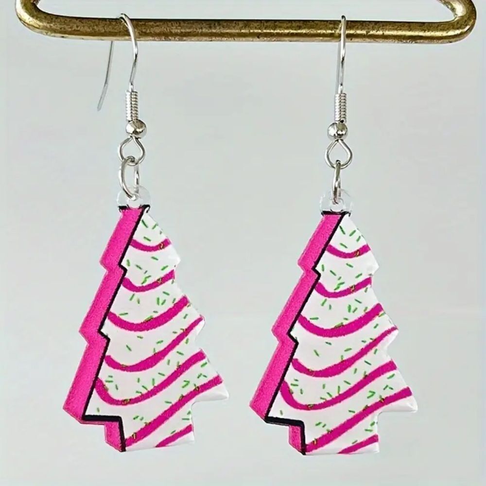 🎄 Pink Christmas Tree Snack Cake Earrings – Holiday Dangle Earrings – Cute Fest